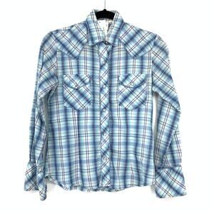 Vintage Avante West Snap Button Long Sleeve Shirt Sz M Blue White Plaid